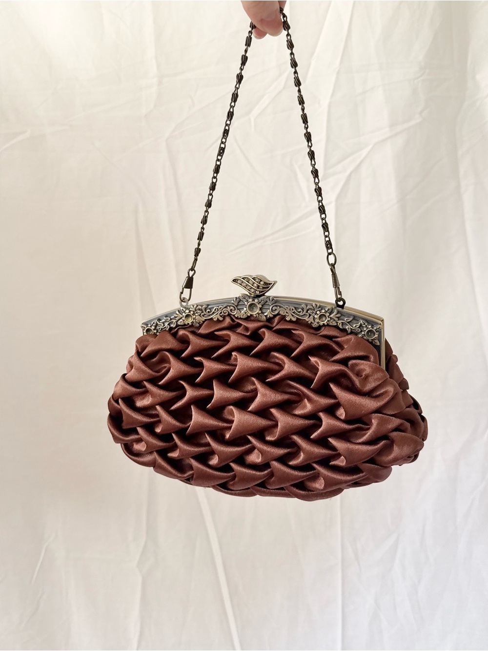Jessica McClintock Brown Satin Woven Evening Clutch with Ornate Frame